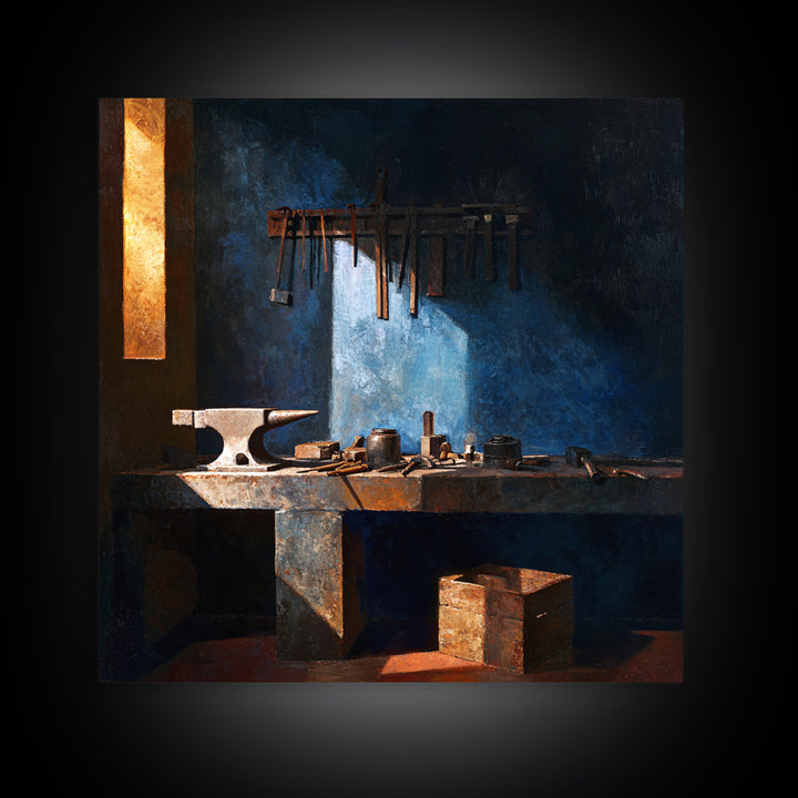Blacksmith Tools on Dark Workbench Canvas Print, Industrial Art, Black and White Print, Living Room Decor, Fine Art, Foundry, IND-1x1-10