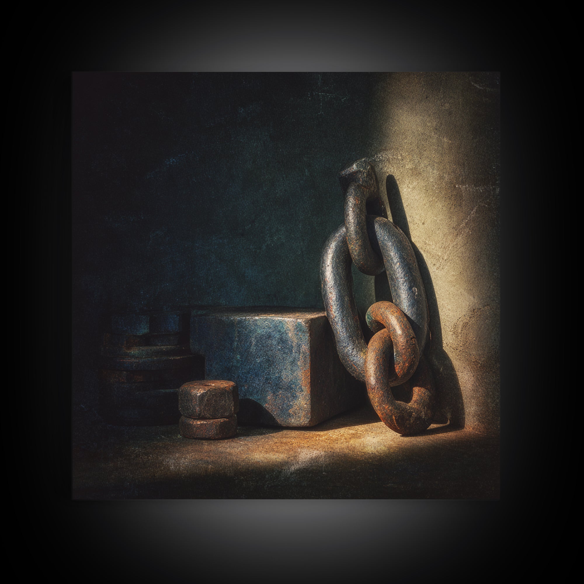 Chain and Hook Still Life Framed Canvas Print, Industrial Art, Printable Art, Living Room Decor, Watercolor Art, Foundry, IND-1x1-16