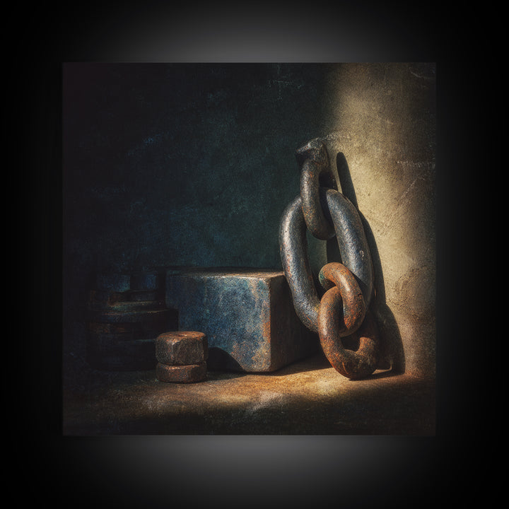 Chain and Hook Still Life Framed Canvas Print, Industrial Art, Printable Art, Living Room Decor, Watercolor Art, Foundry, IND-1x1-16