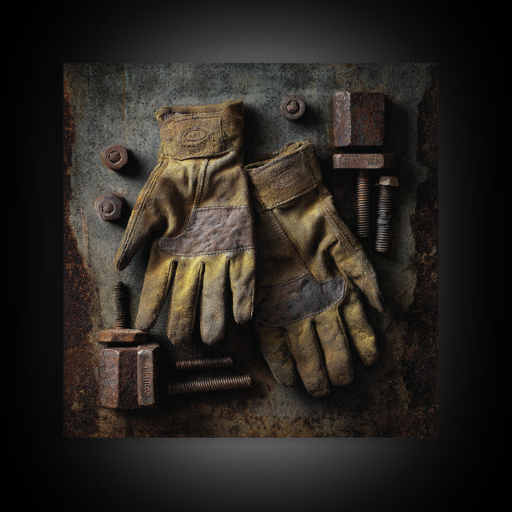 Worn Work Gloves and Bolts Arrangement Canvas Print, Industrial Art, Rustic Home Decor, Living Room Decor, Fine Art, Foundry, IND-1x1-18