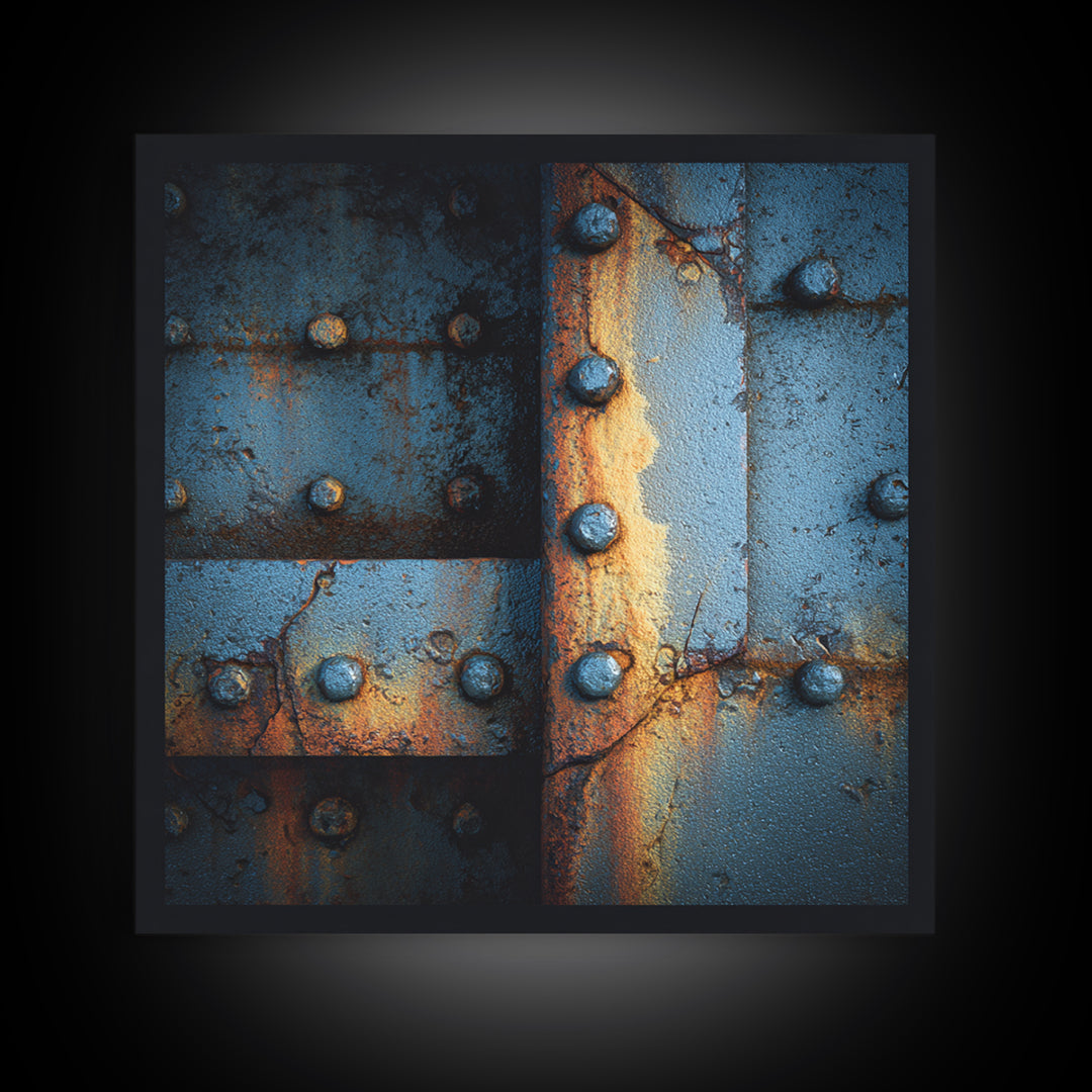 Riveted Metal Panel Texture Study Canvas Print, Industrial Art, Steampunk Decor, Living Room Decor, Oil Painting, Foundry, IND-1x1-22