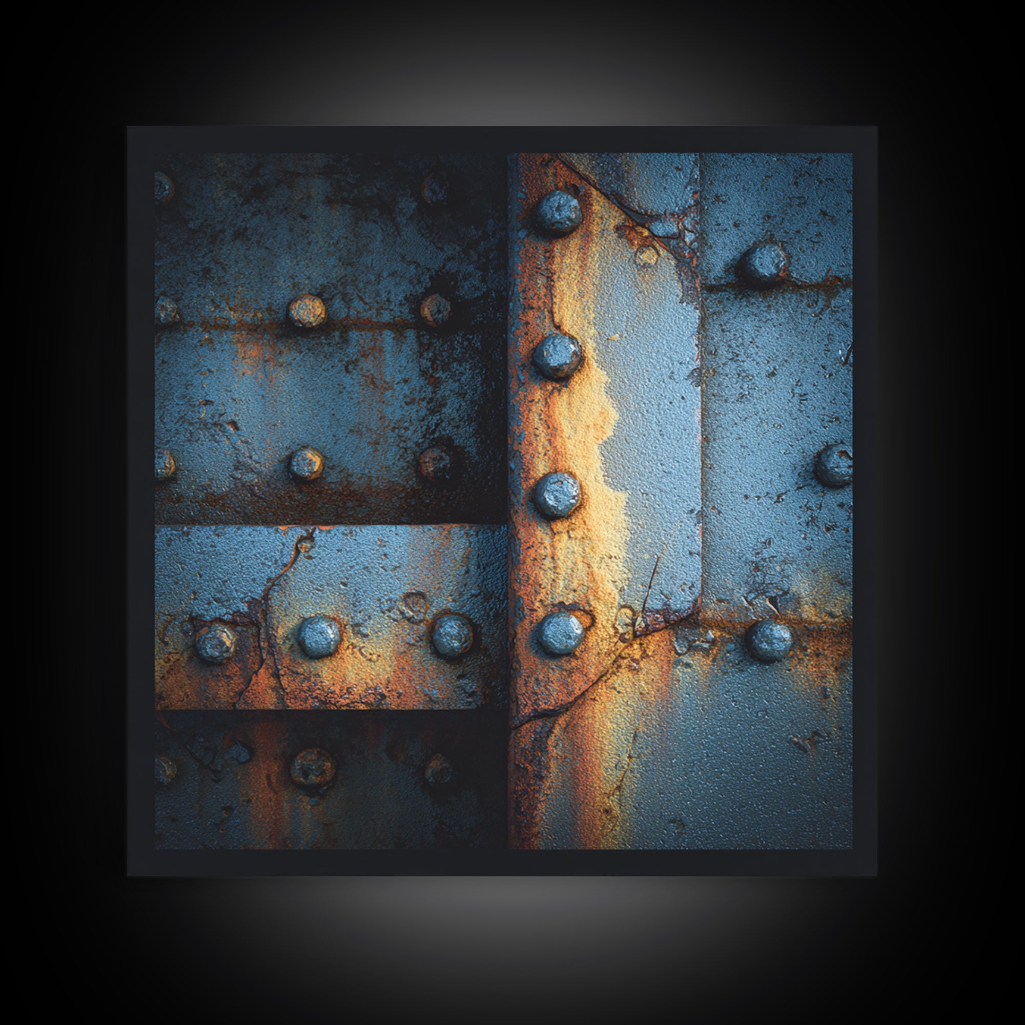Riveted Metal Panel Texture Study Canvas Print, Industrial Art, Steampunk Decor, Living Room Decor, Oil Painting, Foundry, IND-1x1-22