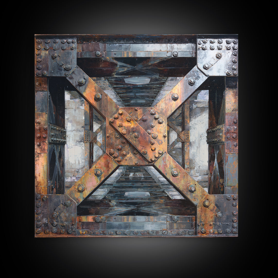Steel Bridge Truss Framed Canvas Print, Industrial Art, Abstract Painting, Living Room Decor, Fine Art, Foundry, Neutral Decor, IND-1x1-27
