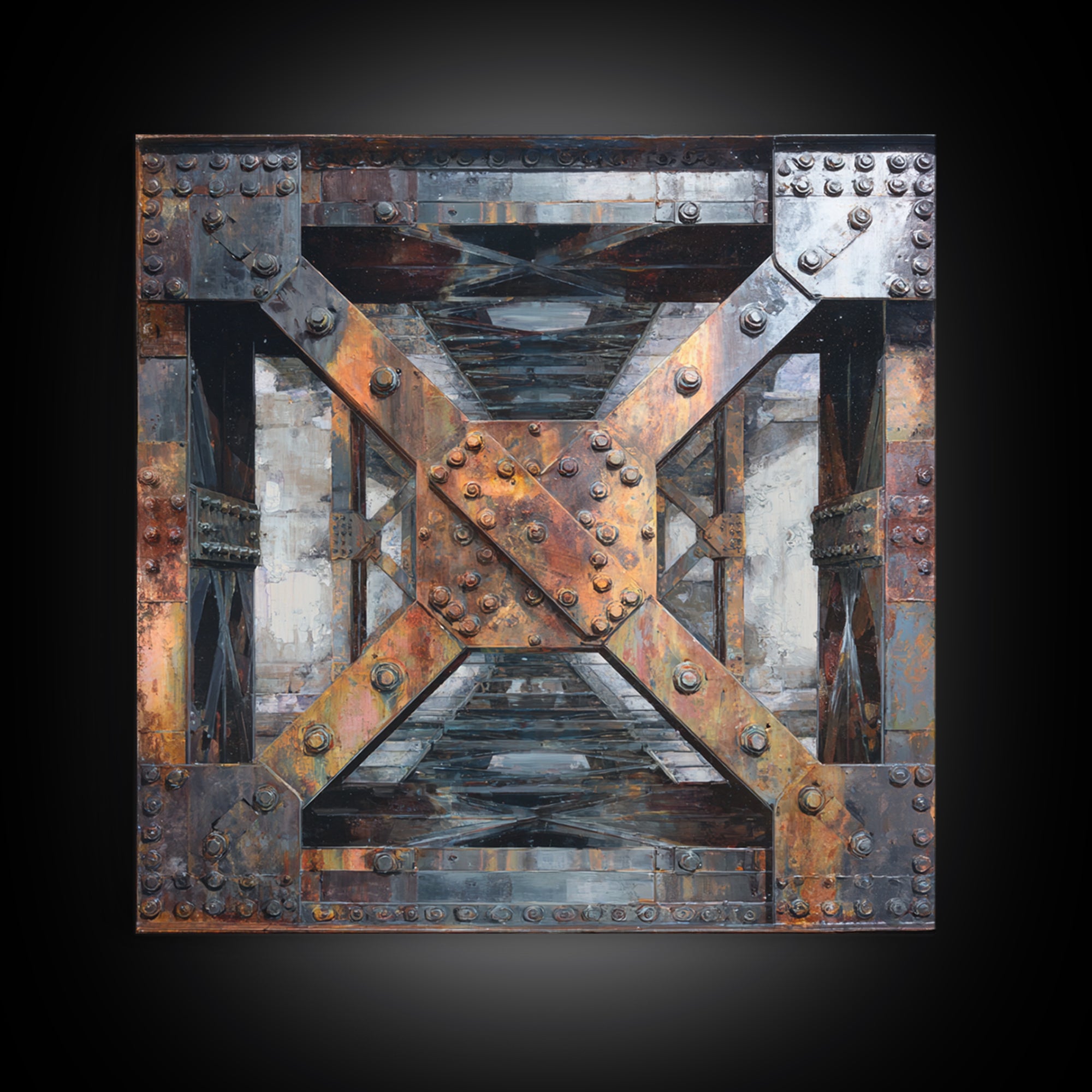 Steel Bridge Truss Framed Canvas Print, Industrial Art, Abstract Painting, Living Room Decor, Fine Art, Foundry, Neutral Decor, IND-1x1-27