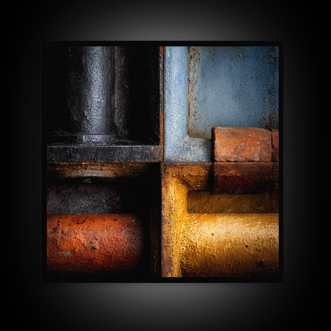 Metal Pipes and Valves as Graphic Composition Framed Canvas Print, Industrial Art, Gallery Decor, Living Room Decor, Foundry, IND-1x1-32