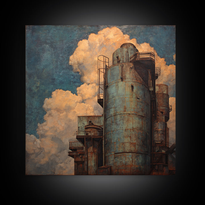 Factory Smokestacks with Moody Sky Canvas Print, Industrial Art, Dining Room Wall Art, Living Room Decor, Fine Art, Foundry, IND-1x1-35