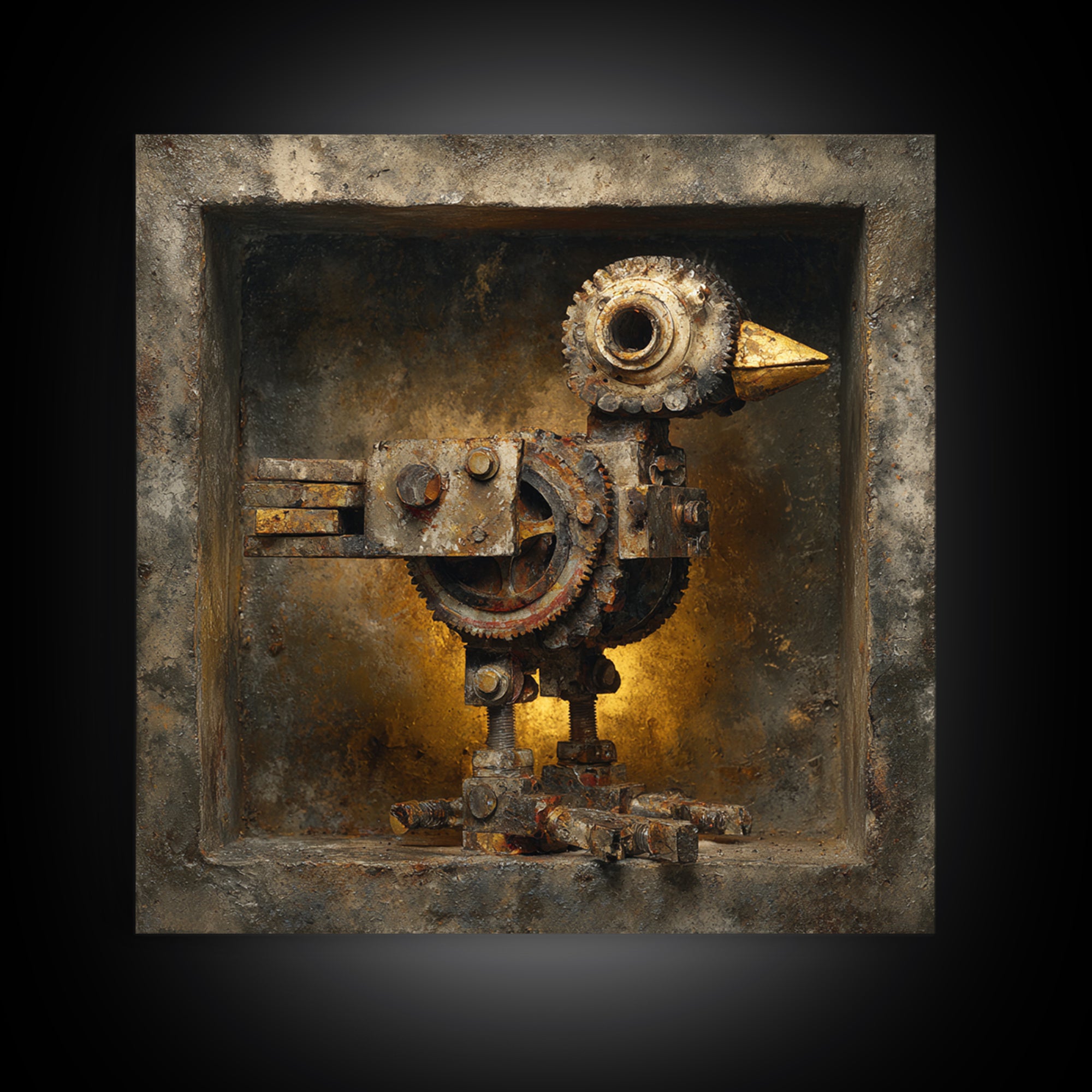 Mechanical Bird Made from Gears Framed Canvas Print, Industrial Art, Living Room Art, Living Room Decor, Oil Painting, Foundry, IND-1x1-43