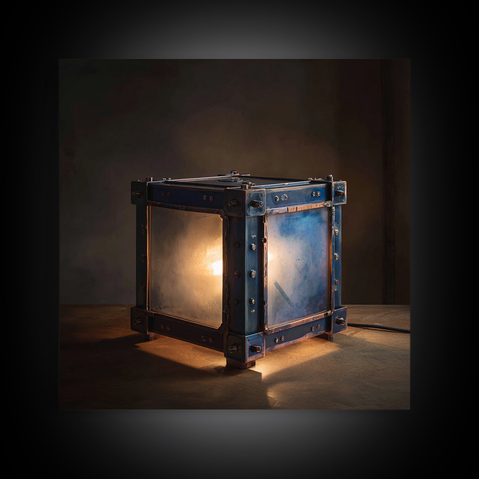 Industrial Lamp with Warm Glow Framed Canvas Print, Industrial Art, Metal Art, Living Room Decor, Foundry, Gallery Decor, IND-1x1-47