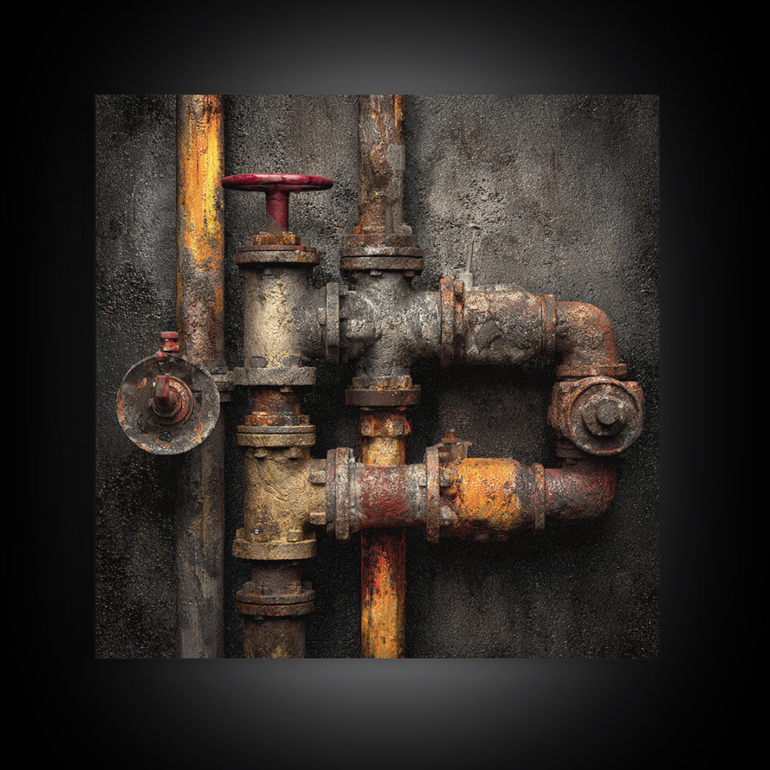 Metal Pipes and Valves as Graphic Composition Framed Canvas Print, Industrial Art, Wall Hanging, Living Room Decor, Foundry, IND-1x1-56