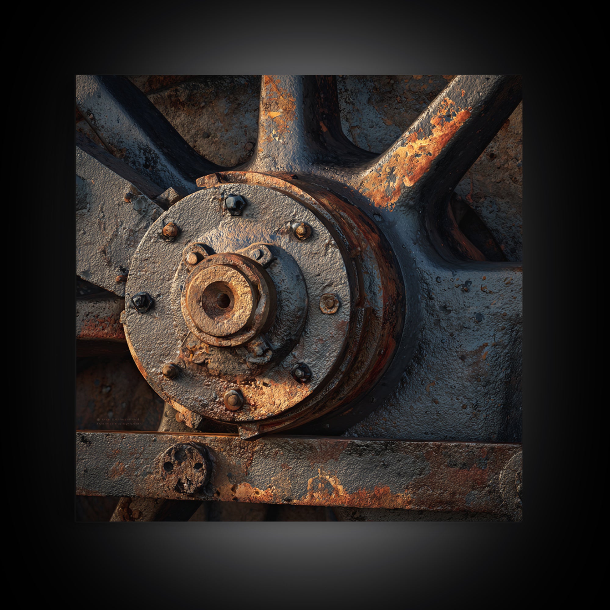 Steam Locomotive Wheel Closeup Framed Canvas Print, Industrial Art, Living Room Decor, Watercolor Art, Foundry, IND-1x1-6