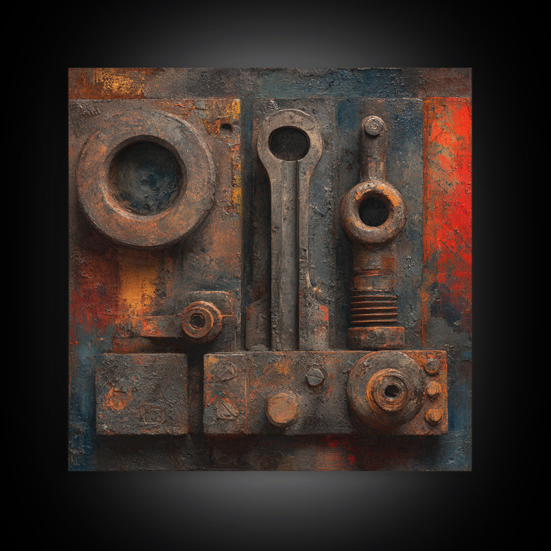 Brass Gauge and Machinery Still Life Framed Canvas Print, Industrial Art, Minimalist Decor, Living Room Decor, Oil Painting, IND-1x1-61