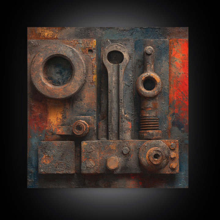 Brass Gauge and Machinery Still Life Framed Canvas Print, Industrial Art, Minimalist Decor, Living Room Decor, Oil Painting, IND-1x1-61