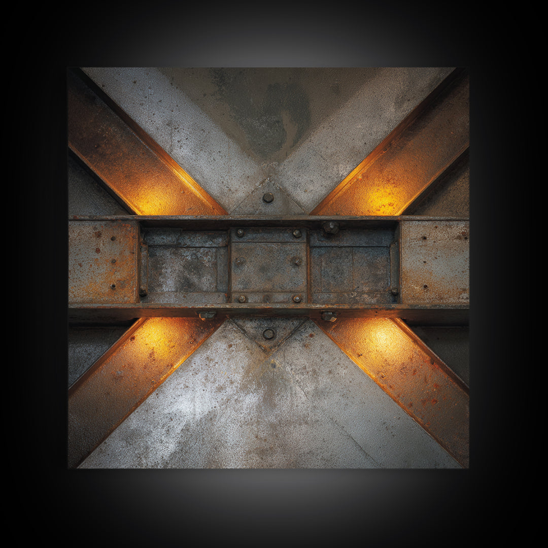 Steel Beams Crossing Like Abstract Lines Framed Canvas Print, Industrial Art, Wall Art, Living Room Decor, Fine Art, Foundry, IND-1x1-65