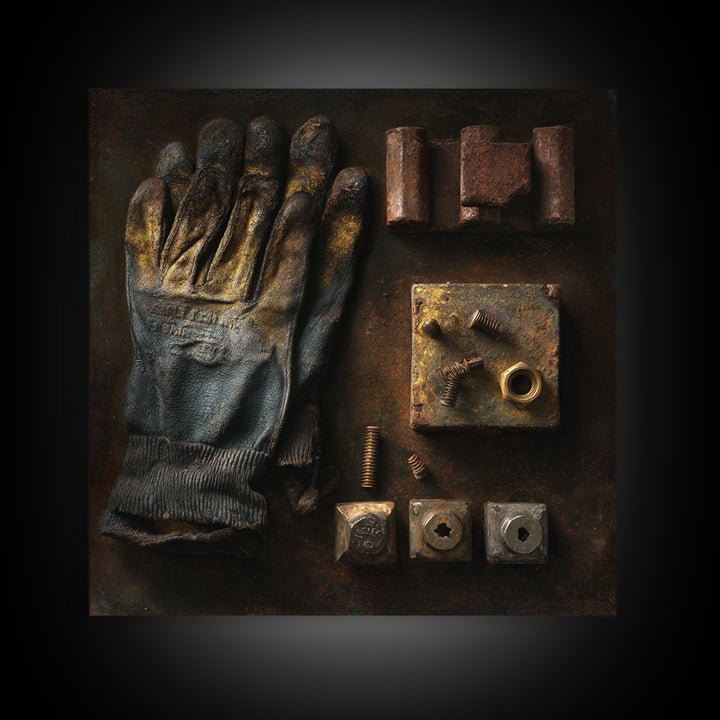 Worn Work Gloves and Bolts Arrangement Framed Canvas Print, Industrial Art, Texas Art, Living Room Decor, Abstract Art, Foundry, IND-1x1-66