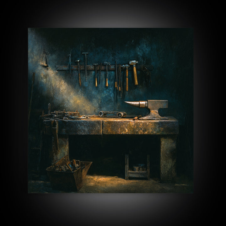 Blacksmith Tools on Dark Workbench Canvas Print, Industrial Art, Textured Painting, Living Room Decor, Oil Painting, Foundry, IND-1x1-82