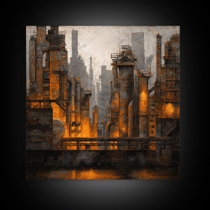 Industrial City Skyline Framed Canvas Print, Industrial Art, Bauhaus Poster, Living Room Decor, Fine Art, Foundry, IND-1x1-84