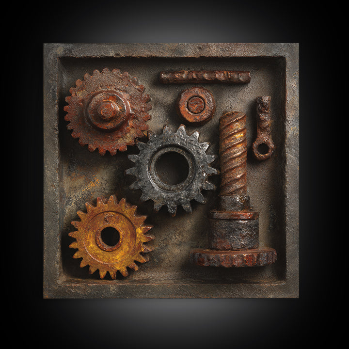Rusted Gears Arranged as Sculptural Still Life Canvas Print, Industrial Art, Abstract Art, Living Room Decor, Oil Painting, IND-1x1-97