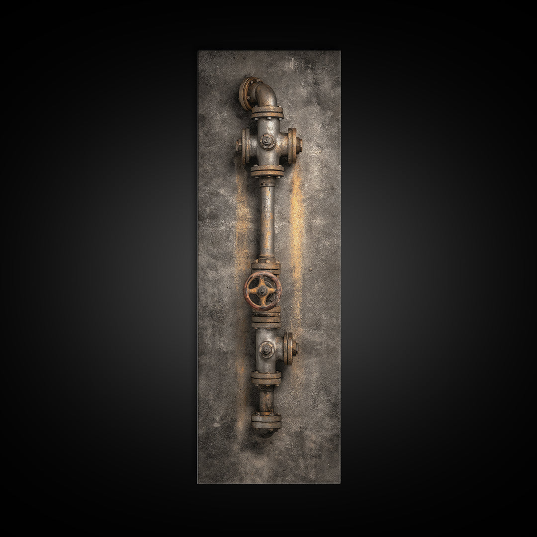 Metal Pipes and Valves as Graphic Composition Canvas Print, Industrial Art, Abstract Wall Art, Living Room Decor, Foundry, IND-1x3-44