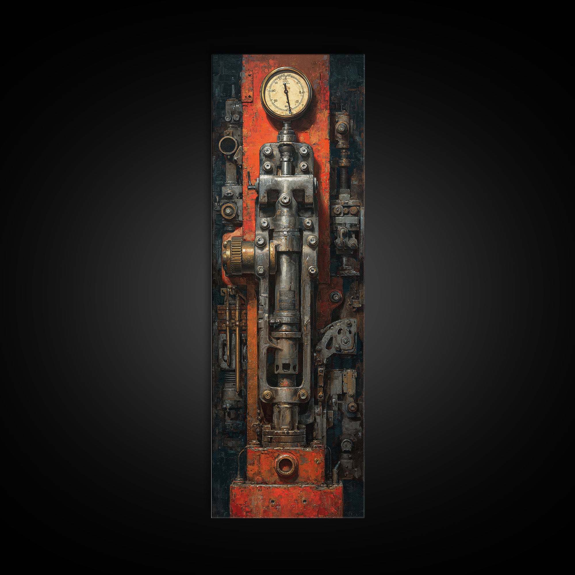 Brass Gauge and Machinery Still Life Canvas Print, Industrial Art, Textured Painting, Living Room Decor, Fine Art, Foundry, IND-1x3-49