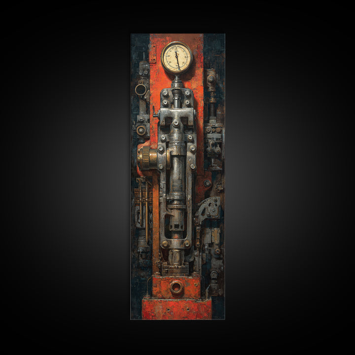 Brass Gauge and Machinery Still Life Canvas Print, Industrial Art, Textured Painting, Living Room Decor, Fine Art, Foundry, IND-1x3-49