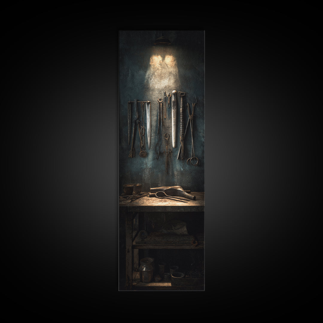 Blacksmith Tools on Dark Workbench Framed Canvas Print, Industrial Art, Luxury Decor, Living Room Decor, Fine Art, Foundry, IND-1x3-70