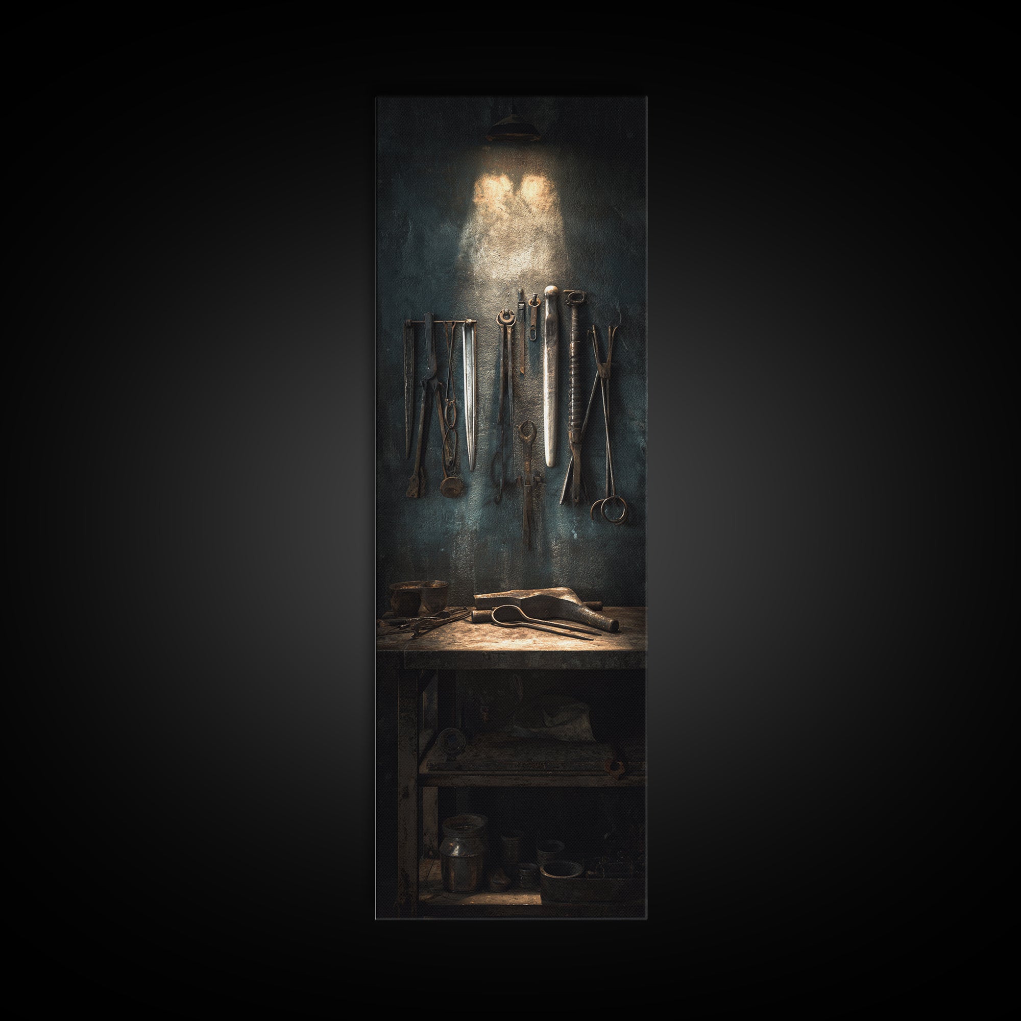 Blacksmith Tools on Dark Workbench Framed Canvas Print, Industrial Art, Luxury Decor, Living Room Decor, Fine Art, Foundry, IND-1x3-70