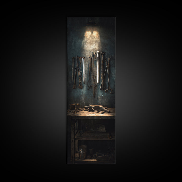 Blacksmith Tools on Dark Workbench Framed Canvas Print, Industrial Art, Luxury Decor, Living Room Decor, Fine Art, Foundry, IND-1x3-70