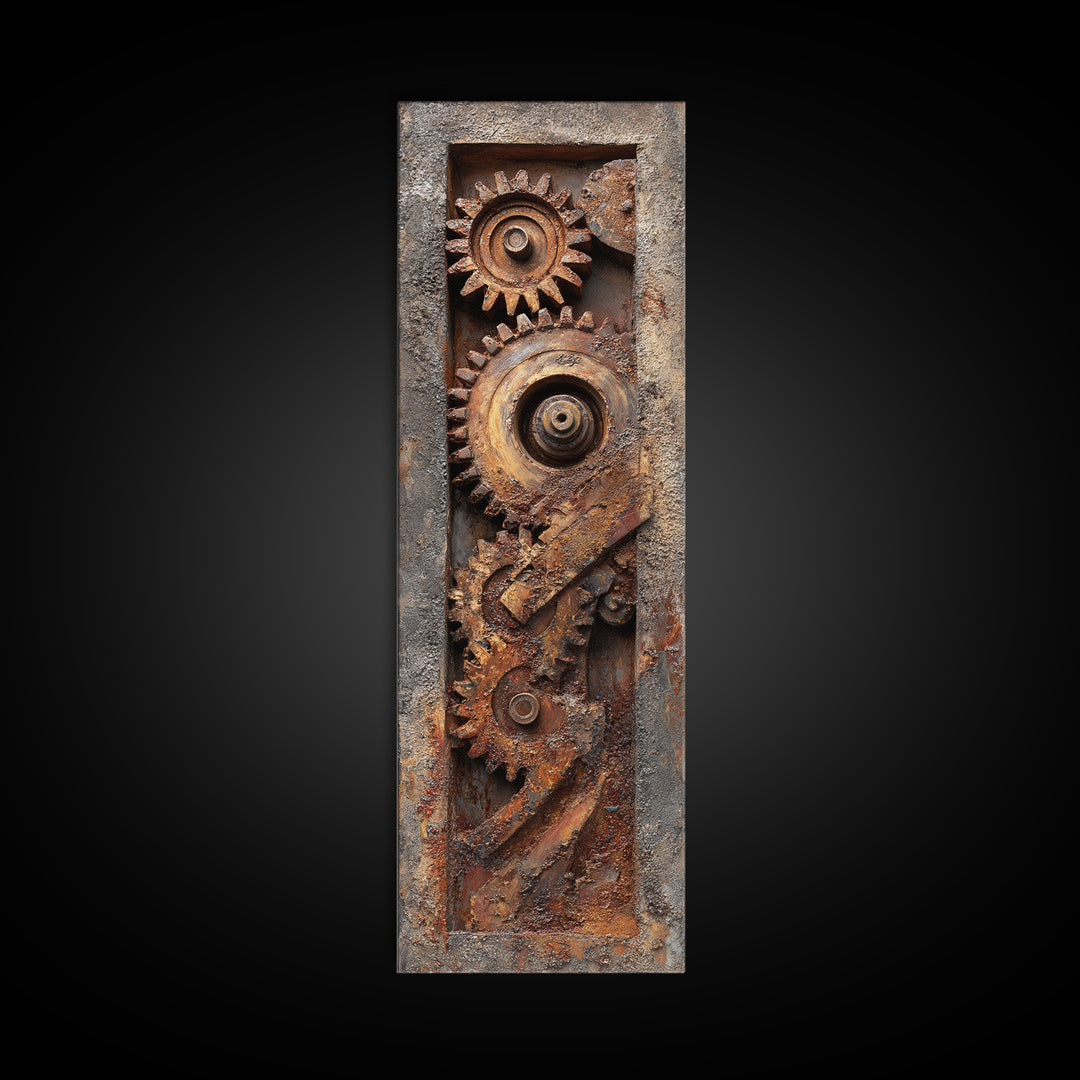 Rusted Gears Arranged as Sculptural Still Life Canvas Print, Industrial Art, Black and White Wall Art, Living Room Decor, IND-1x3-85
