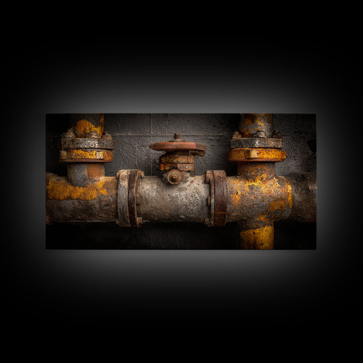 Metal Pipes and Valves as Graphic Composition Framed Canvas Print, Industrial Art, Living Room Art, Living Room Decor, Foundry, IND-2x1-100