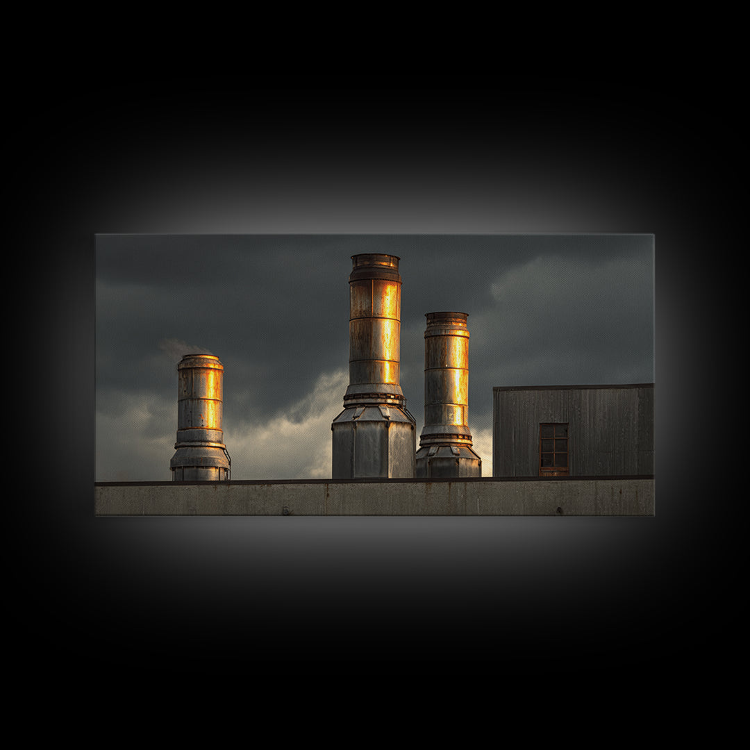 Factory Smokestacks with Moody Sky Canvas Print, Industrial Art, Abstract Art, Living Room Decor, Foundry, Bauhaus Poster, IND-2x1-31