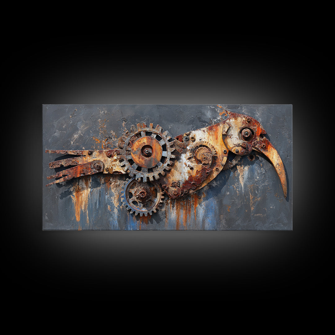 Mechanical Bird Made from Gears Canvas Print, Industrial Art, Original Painting, Living Room Decor, Oil Painting, Foundry, IND-2x1-39