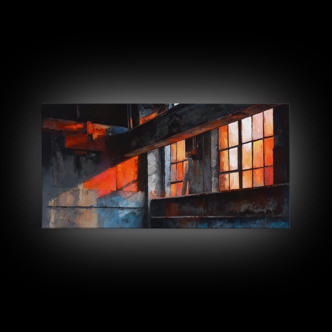Old Factory Window Framed Canvas Print, Industrial Art, Art Prints, Living Room Decor, Fine Art, Foundry, Abstract Painting, IND-2x1-46