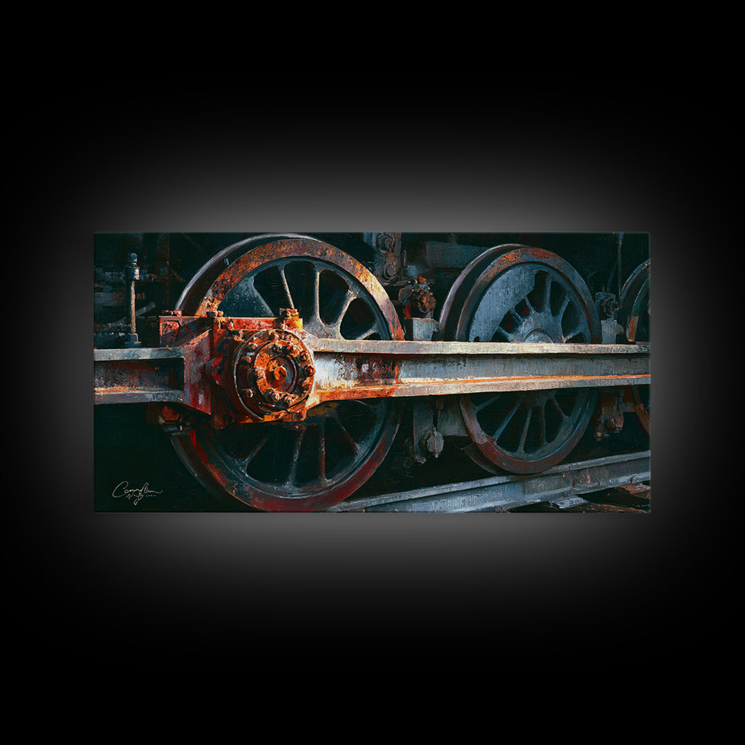 Steam Locomotive Wheel Closeup Framed Canvas Print, Industrial Art, Art Print, Living Room Decor, Fine Art, Foundry, Modern Art, IND-2x1-50