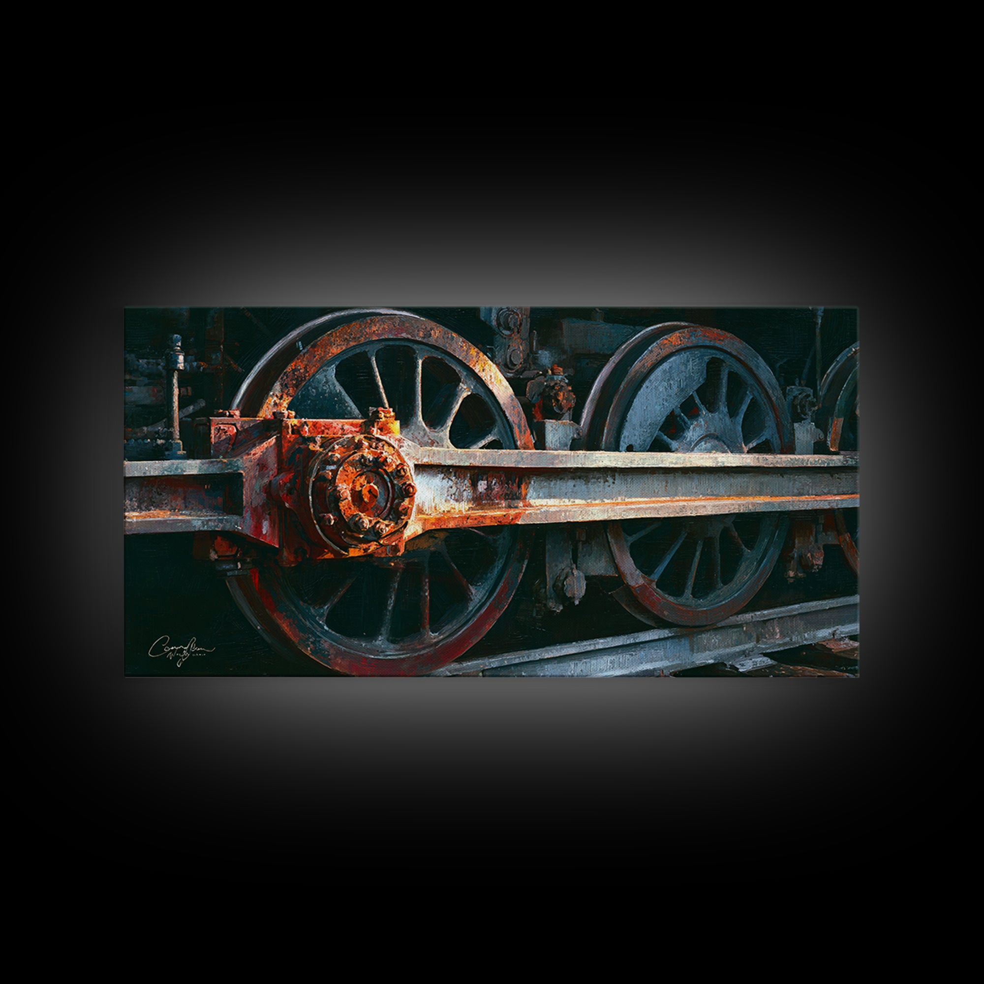 Steam Locomotive Wheel Closeup Framed Canvas Print, Industrial Art, Art Print, Living Room Decor, Fine Art, Foundry, Modern Art, IND-2x1-50