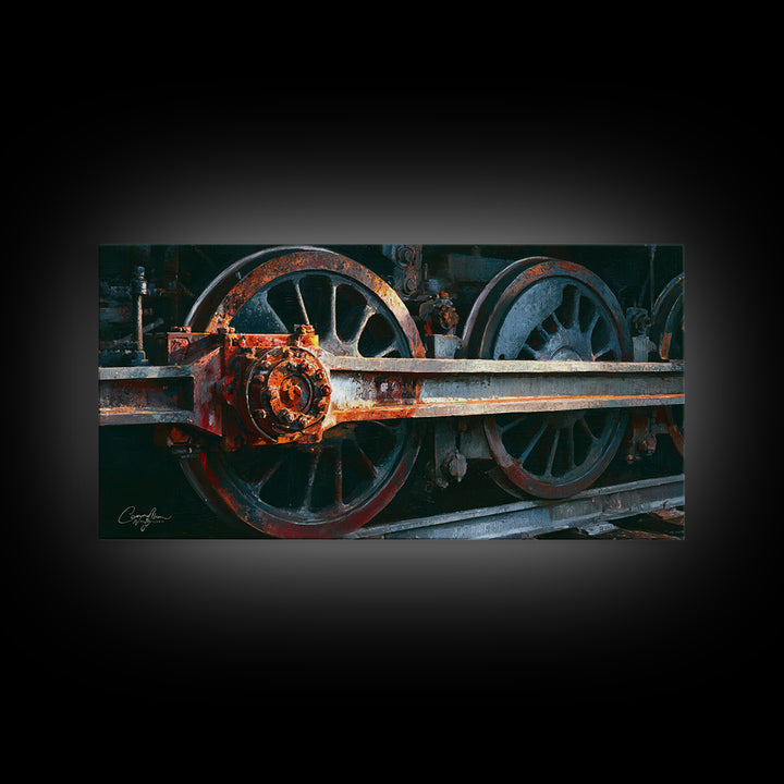Steam Locomotive Wheel Closeup Framed Canvas Print, Industrial Art, Art Print, Living Room Decor, Fine Art, Foundry, Modern Art, IND-2x1-50