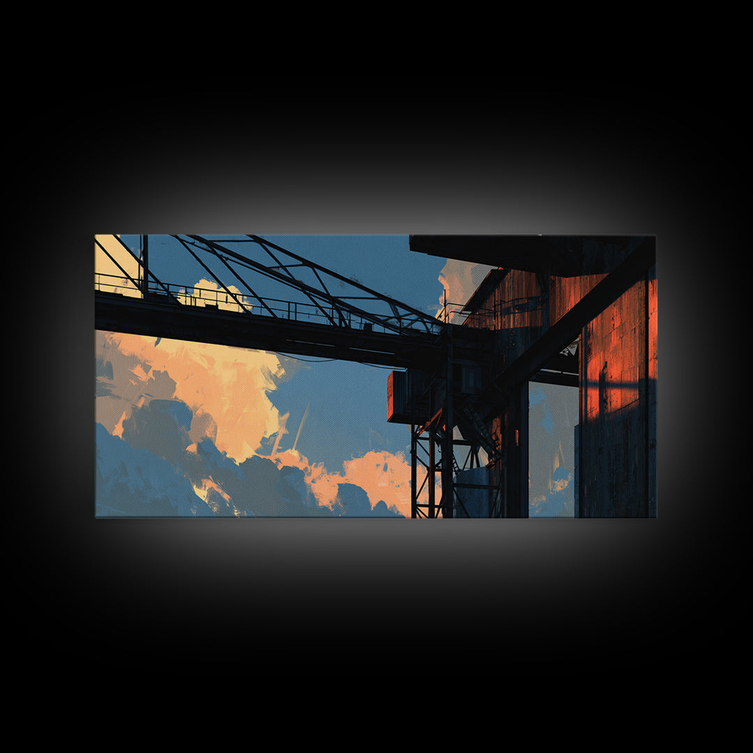 Warehouse Crane Silhouette Framed Canvas Print, Industrial Art, Metal Art, Living Room Decor, Watercolor Art, Foundry, IND-2x1-51