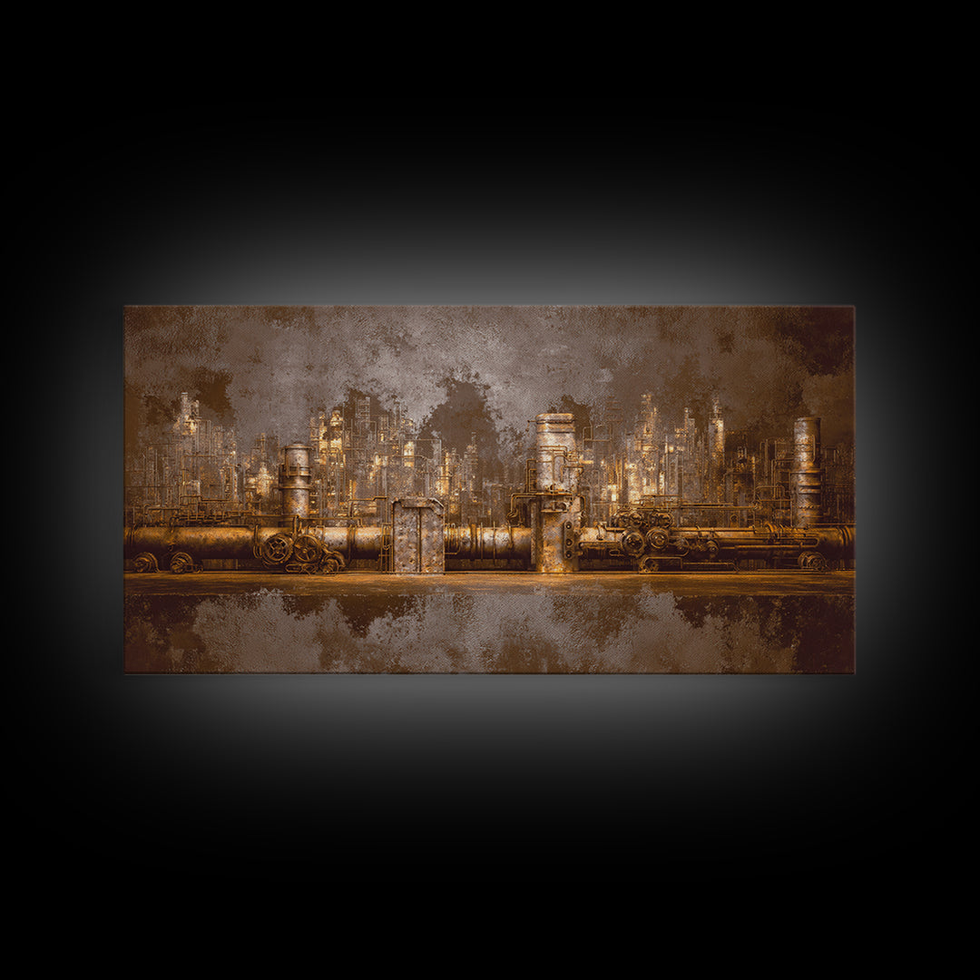 Industrial City Skyline Framed Canvas Print, Industrial Art, Living Room Decor, Abstract Art, Foundry, Abstract Painting, IND-2x1-56