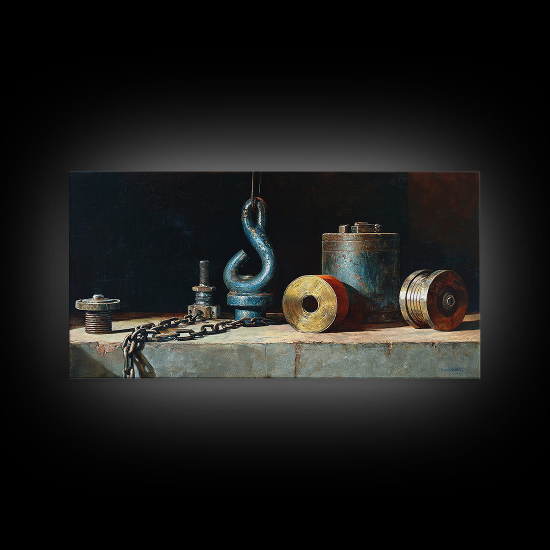 Chain and Hook Still Life Framed Canvas Print, Industrial Art, Art Print, Living Room Decor, Oil Painting, Foundry, Modern Art, IND-2x1-60