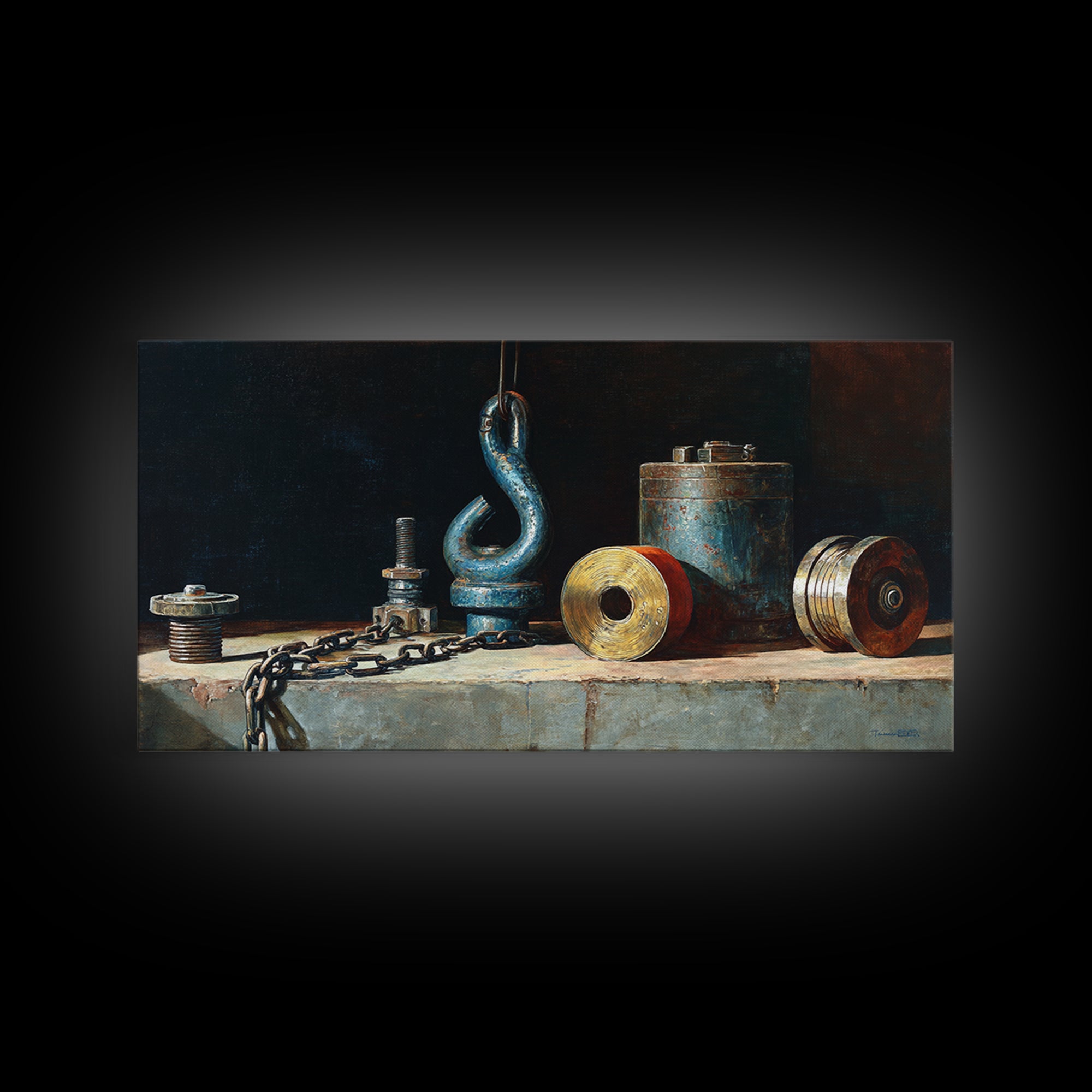 Chain and Hook Still Life Framed Canvas Print, Industrial Art, Art Print, Living Room Decor, Oil Painting, Foundry, Modern Art, IND-2x1-60