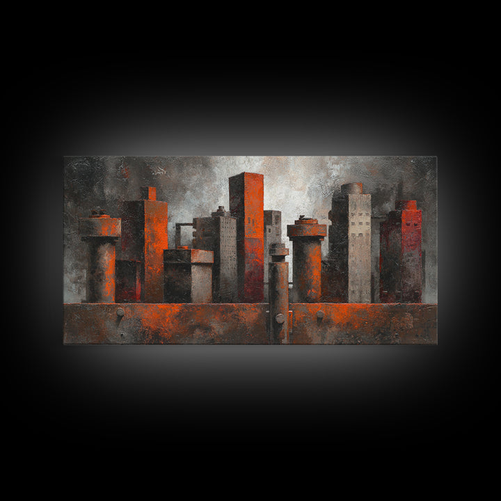Industrial City Skyline Framed Canvas Print, Industrial Art, Luxury Decor, Living Room Decor, Abstract Art, Foundry, Art Print, IND-2x1-8