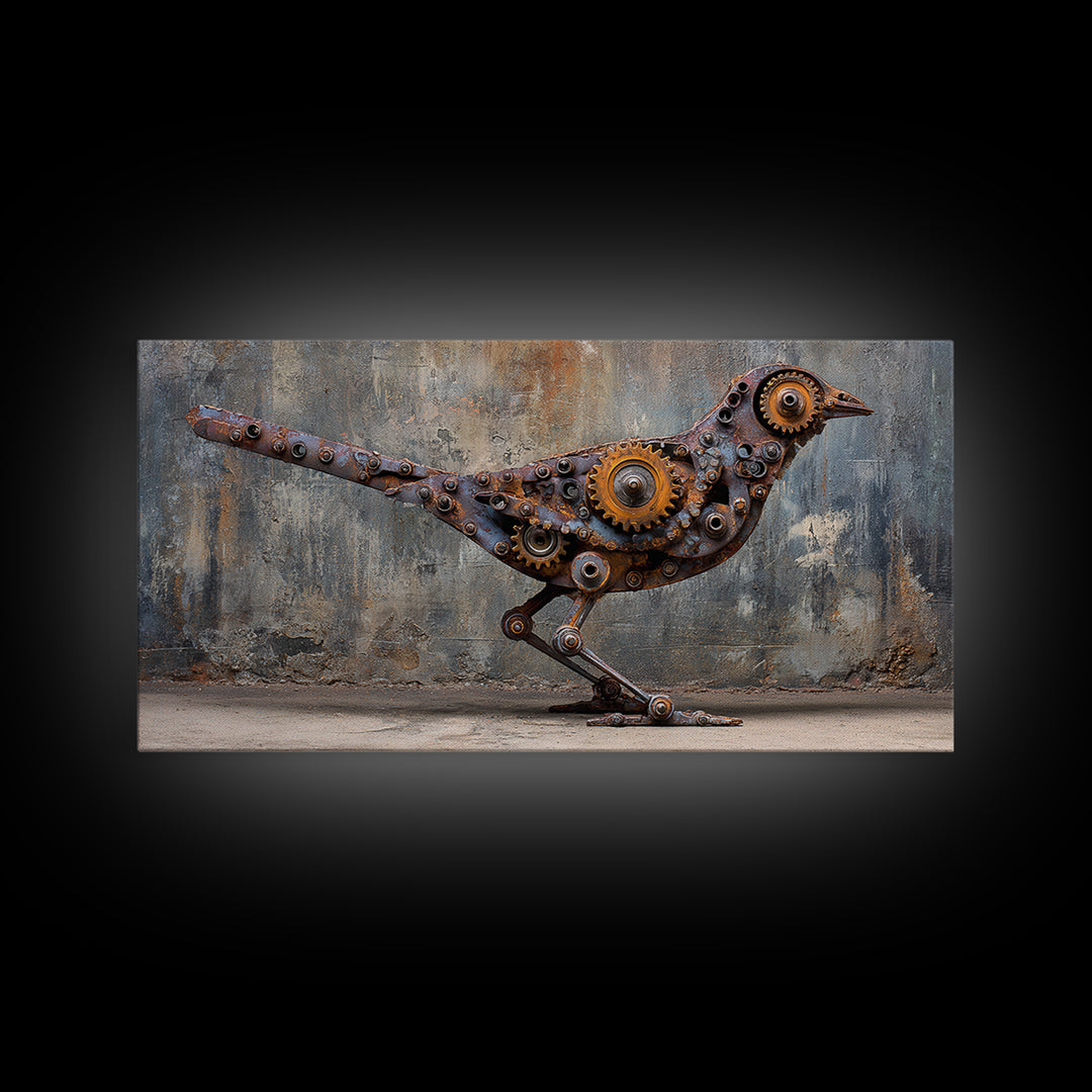 Mechanical Bird Made from Gears Framed Canvas Print, Industrial Art, Contemporary Art, Living Room Decor, Fine Art, Foundry, IND-2x1-87