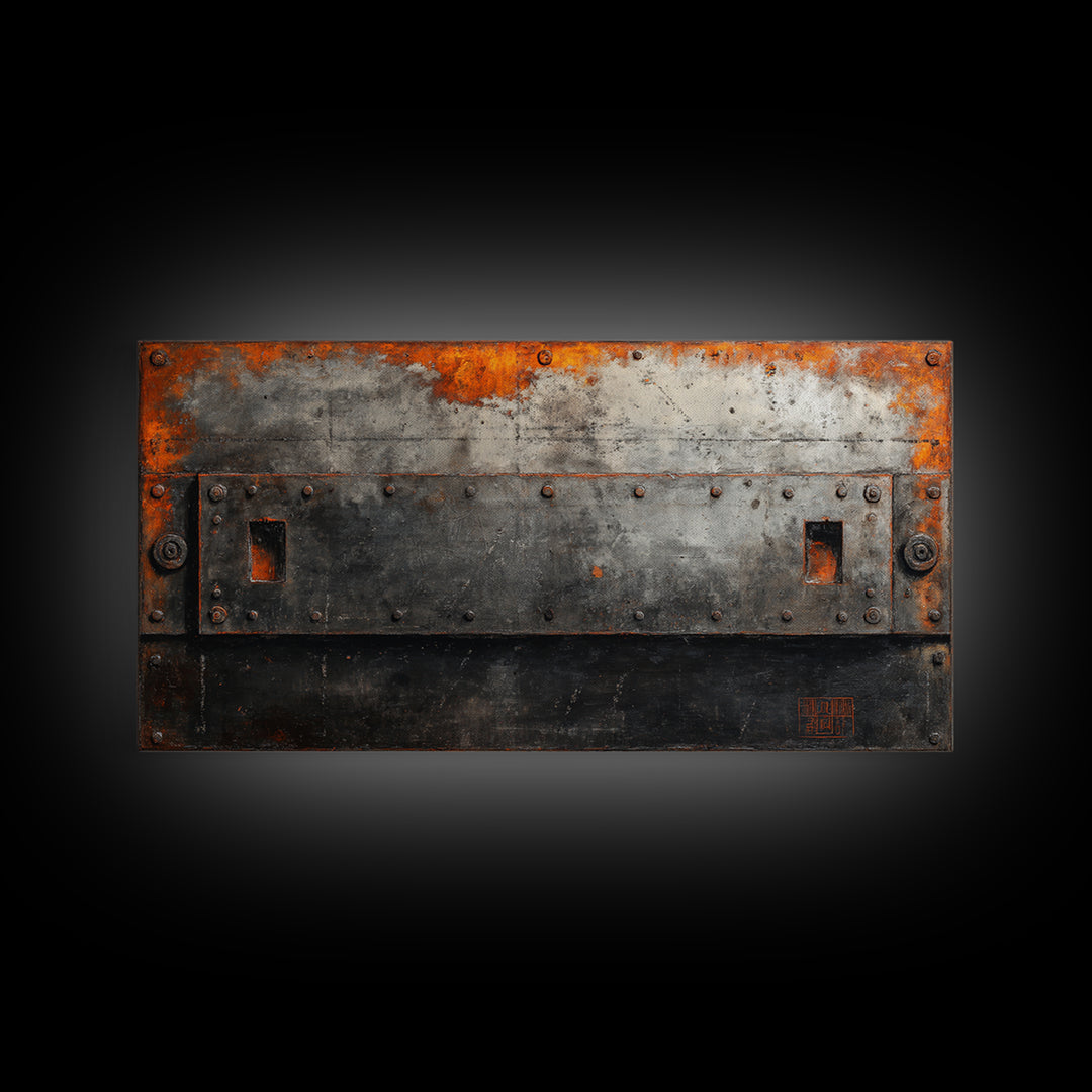 Riveted Metal Panel Texture Study Framed Canvas Print, Industrial Art, Wall Hanging, Living Room Decor, Oil Painting, Foundry, IND-2x1-90