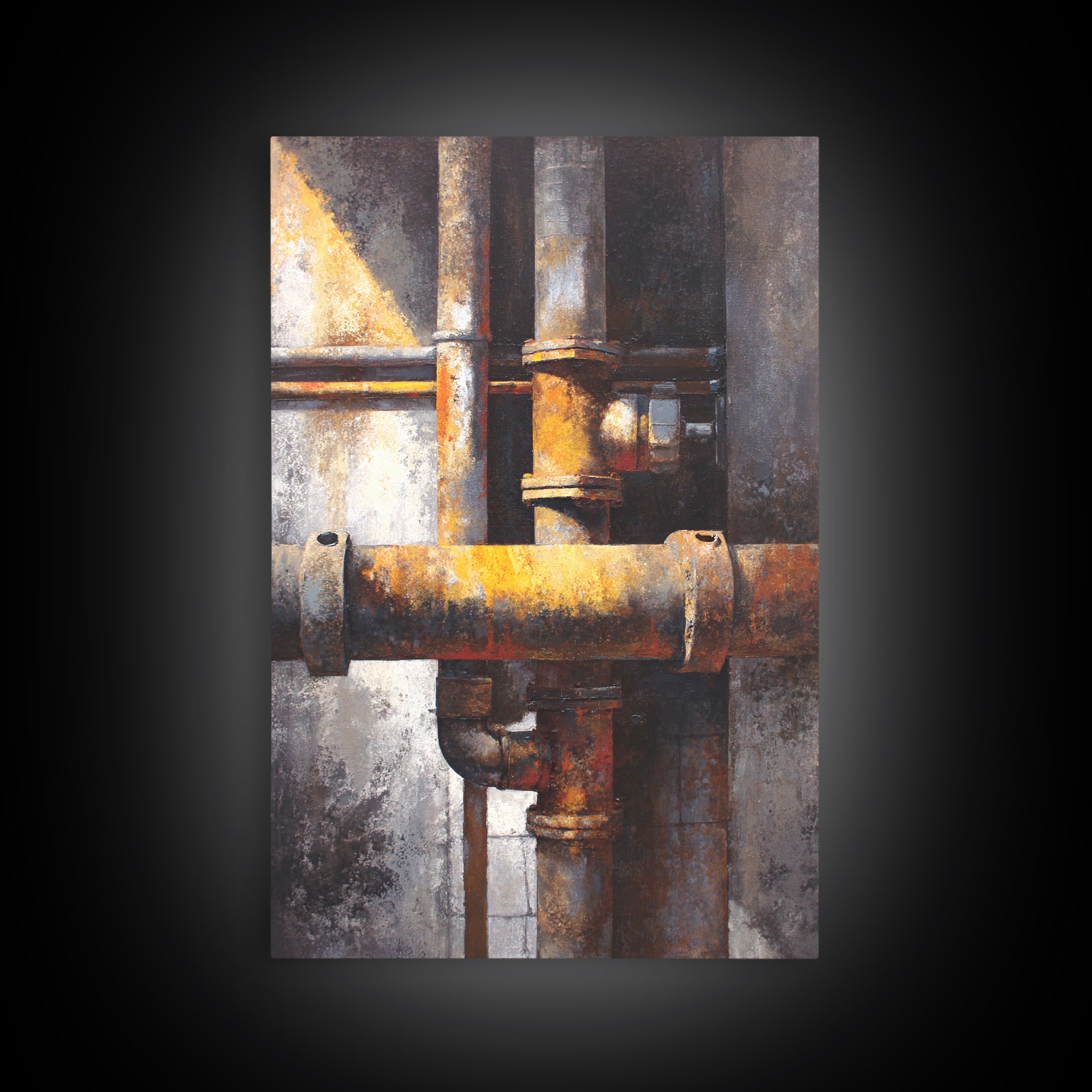 Metal Pipes and Valves as Graphic Composition Canvas Print, Industrial Art, Textured Painting, Living Room Decor, Foundry, IND-2x3-16