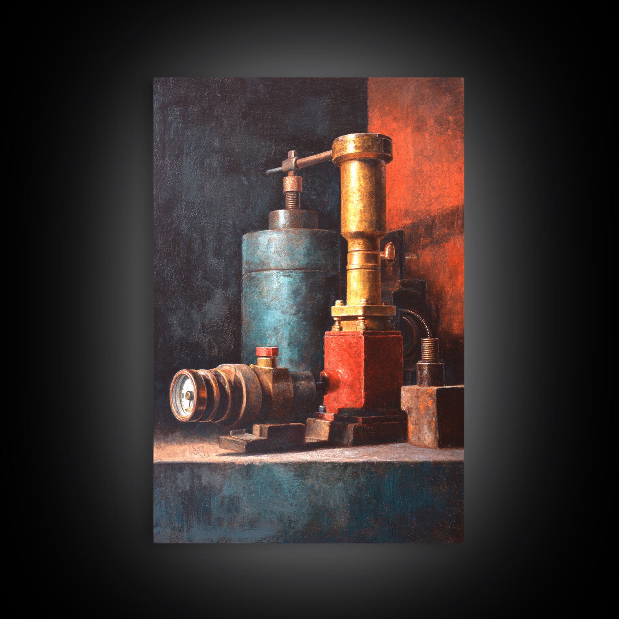 Brass Gauge and Machinery Still Life Framed Canvas Print, Industrial Art, Textured Wall Art, Living Room Decor, Oil Painting, IND-2x3-21