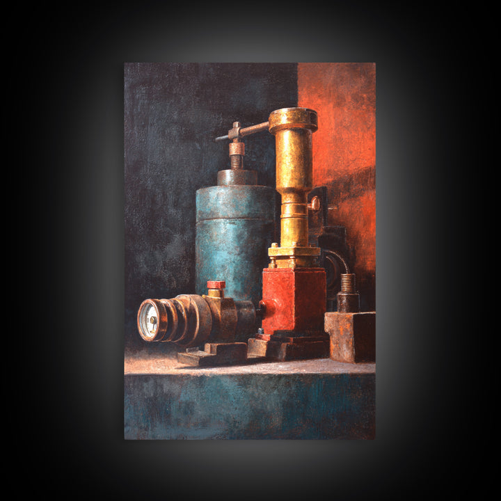 Brass Gauge and Machinery Still Life Framed Canvas Print, Industrial Art, Textured Wall Art, Living Room Decor, Oil Painting, IND-2x3-21