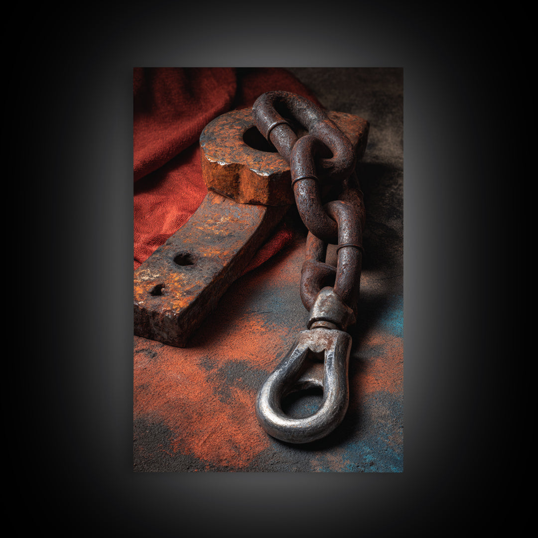 Chain and Hook Still Life Framed Canvas Print, Industrial Art, Minimalist Decor, Living Room Decor, Fine Art, Foundry, IND-2x3-24