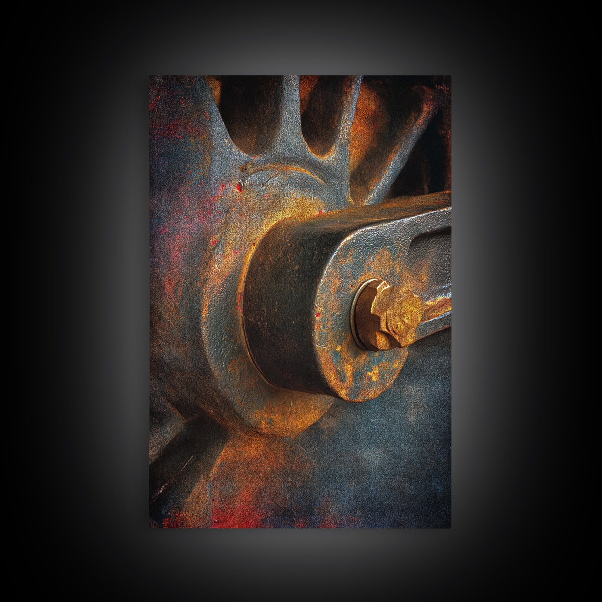 Steam Locomotive Wheel Closeup Framed Canvas Print, Industrial Art, Wall Hanging, Living Room Decor, Fine Art, Foundry, IND-2x3-38