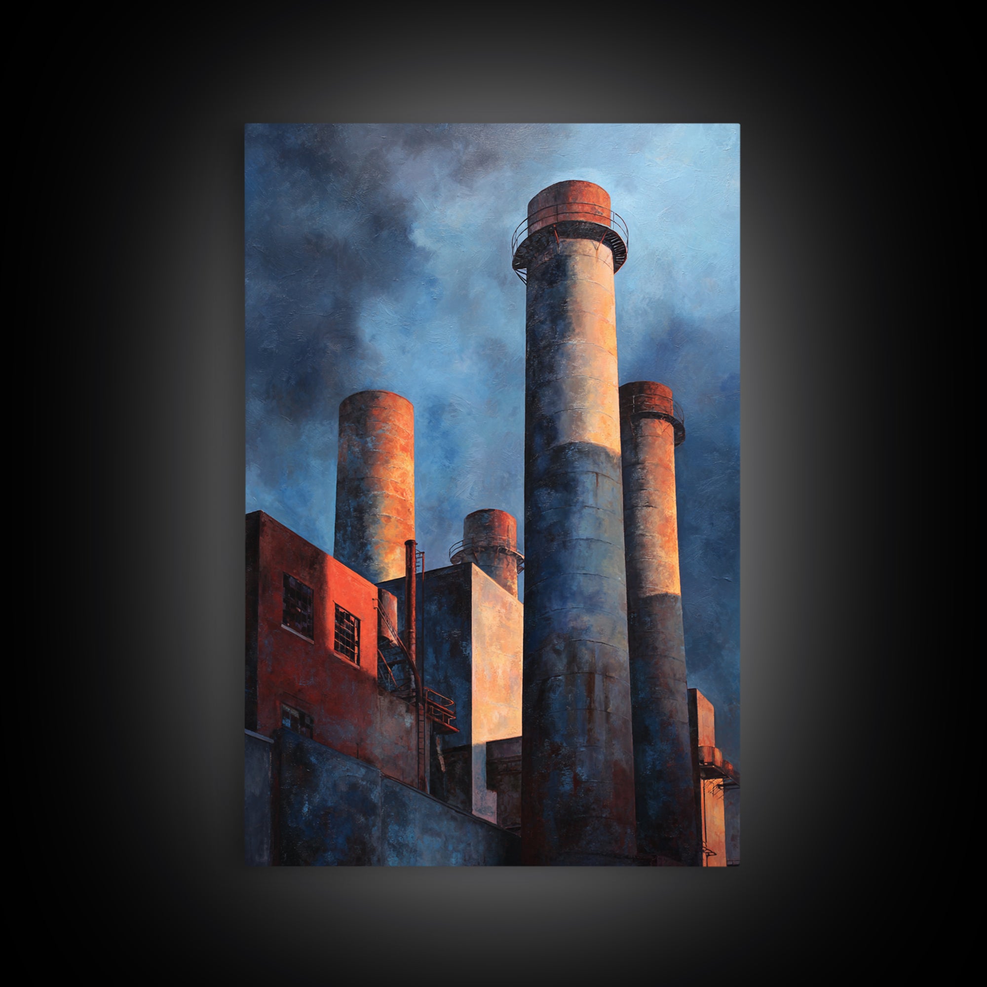 Factory Smokestacks with Moody Sky Framed Canvas Print, Industrial Art, Large Art, Living Room Decor, Fine Art, Foundry, IND-2x3-43