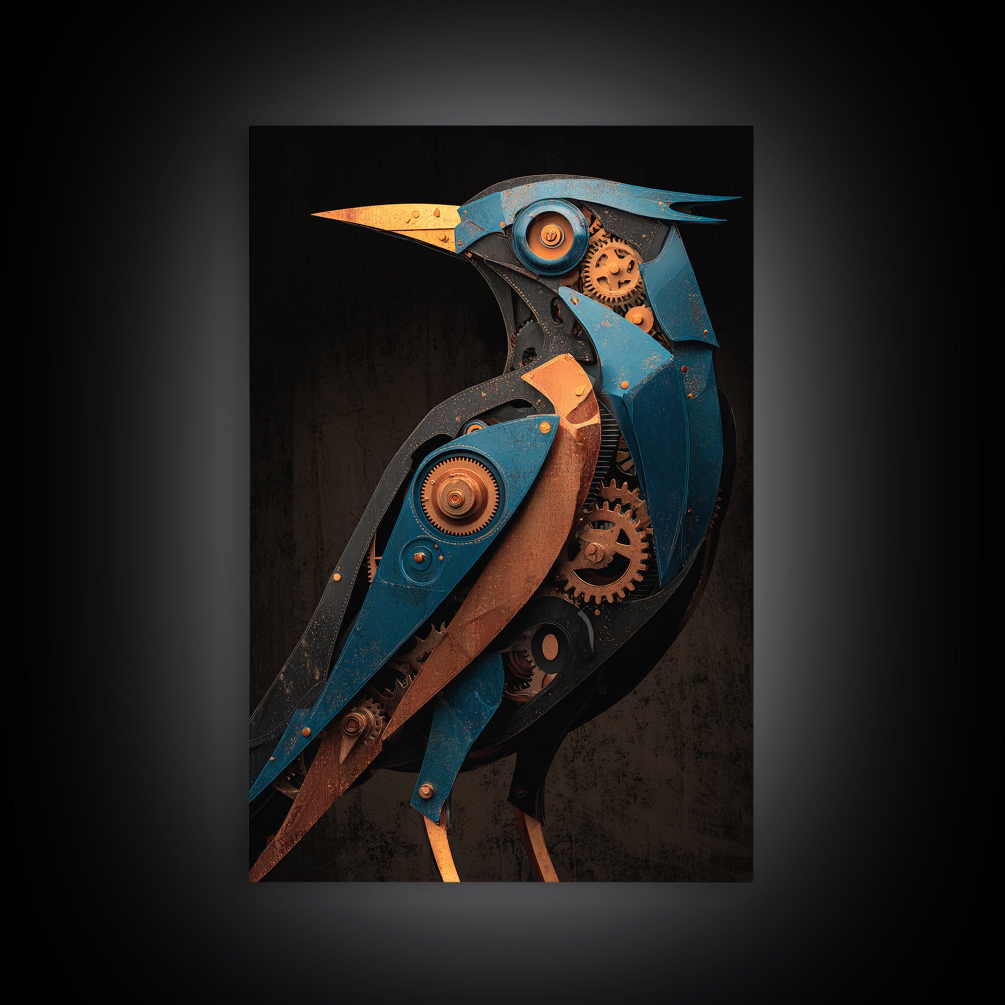 Mechanical Bird Made from Gears Framed Canvas Print, Industrial Art, Metal Art, Living Room Decor, Oil Painting, Foundry, IND-2x3-51