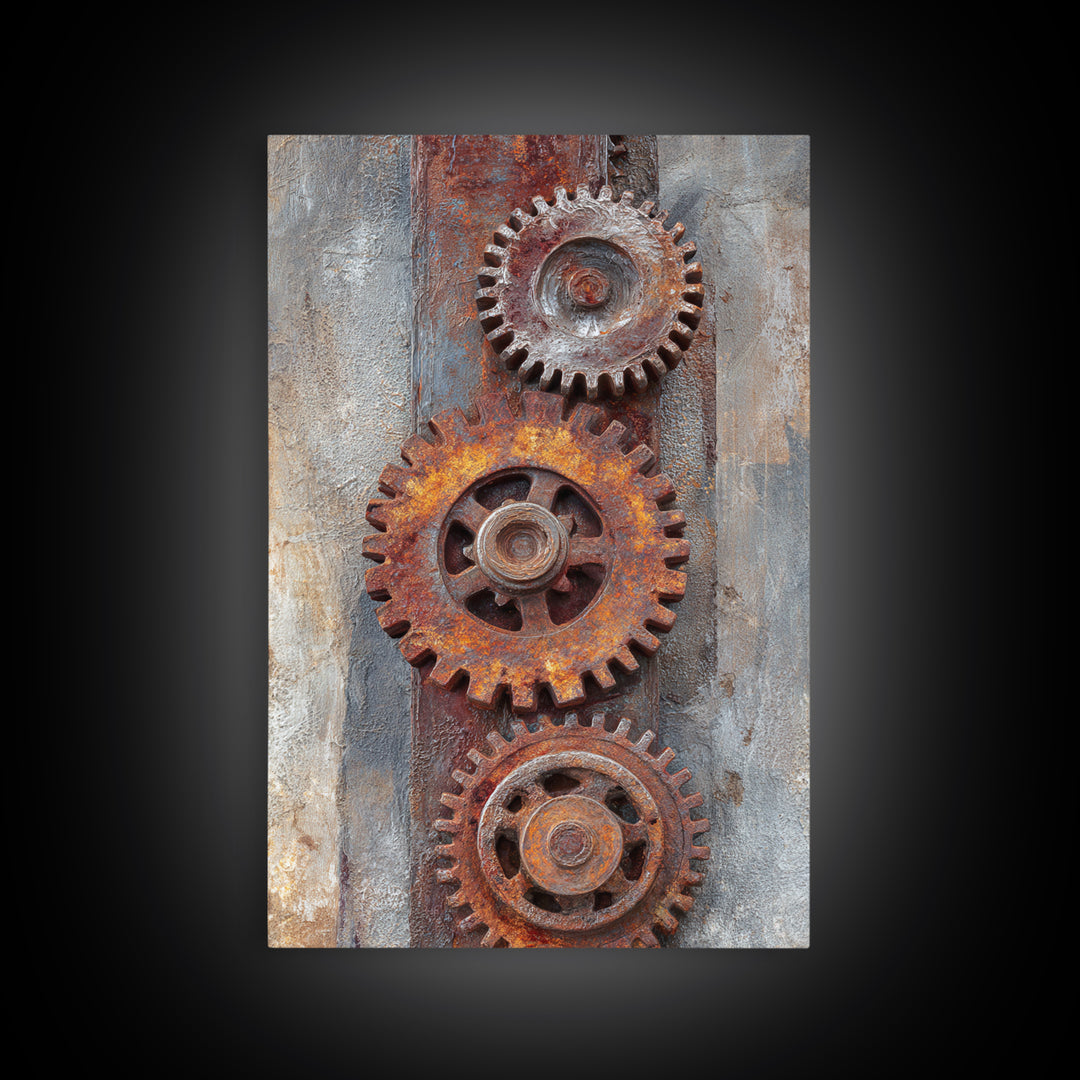 Rusted Gears Arranged as Sculptural Still Life Canvas Print, Industrial Art, Black and White Art, Living Room Decor, Foundry, IND-2x3-57